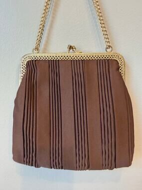 Vintage La Regale LTD Chocolate Brown Pleated Satin Kiss-Lock Evening Bag